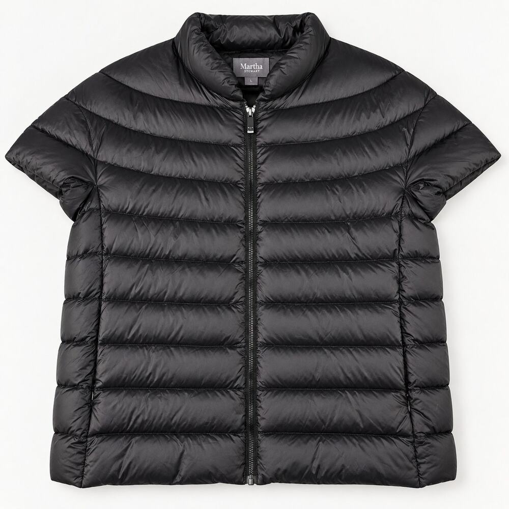 Martha Stewart Women's Black Down Quilted Zip Short Puffer Jacket Short Sleeve L